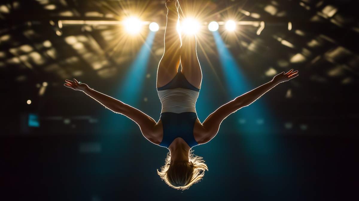 Une femme la tête en bas pratiquant la gymnastique rythmique