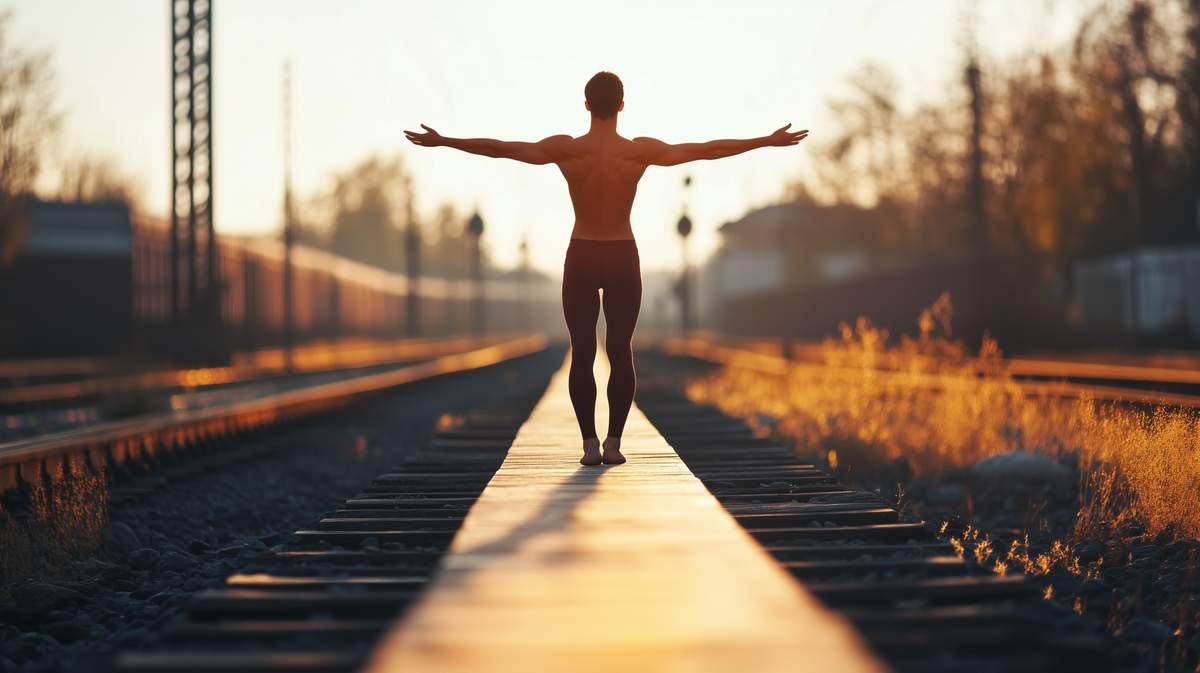 Un homme gymnaste sur une voie ferrée
