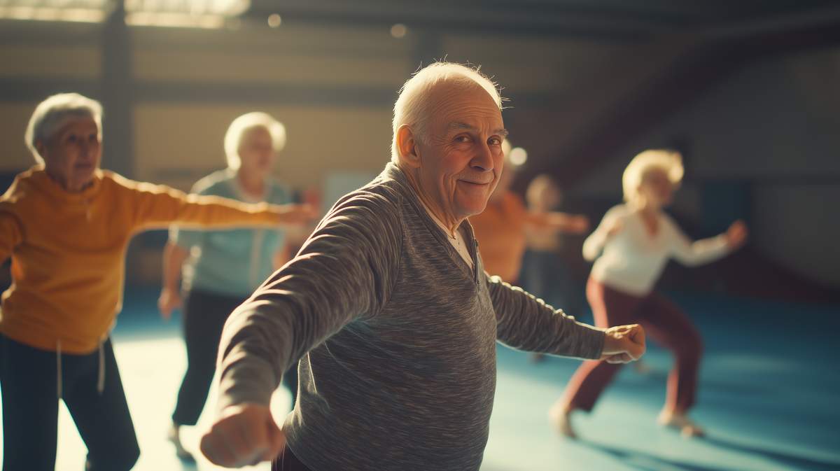 Un homme et des femmes âgées pratiquant la gymnastique volontaire