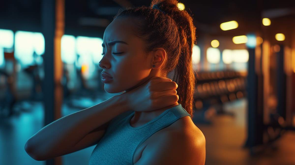 Une femme qui a des courbatures au cou après une séance de gymnastique