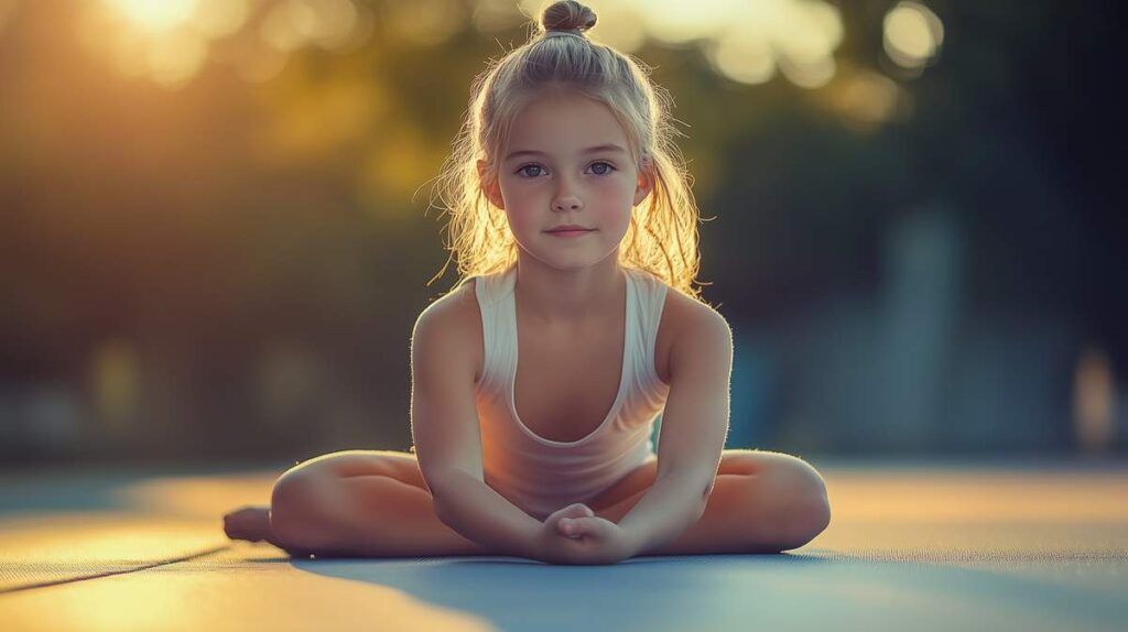 Une enfant en tenue de gymnaste à la maison