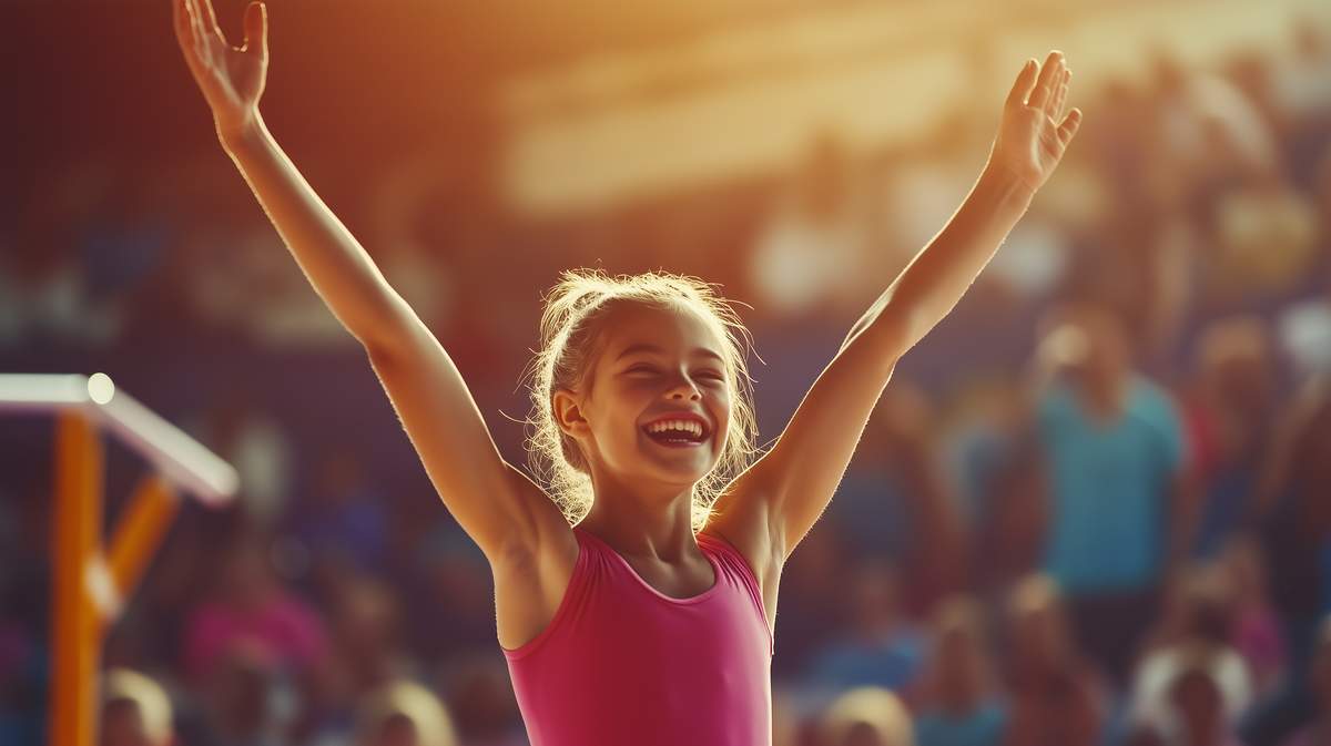 Une petite fille souriant dans une compétition de gymnastique.