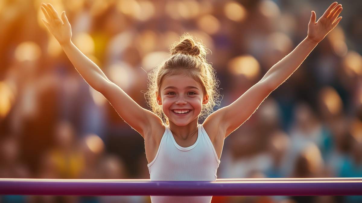 Une enfant gymnaste souriant à la caméra pour une compétition de gymnastique dans le Rhône