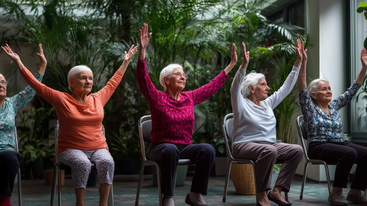 Des personnes âgées pratiquant la gymnastique douce sur une chaise