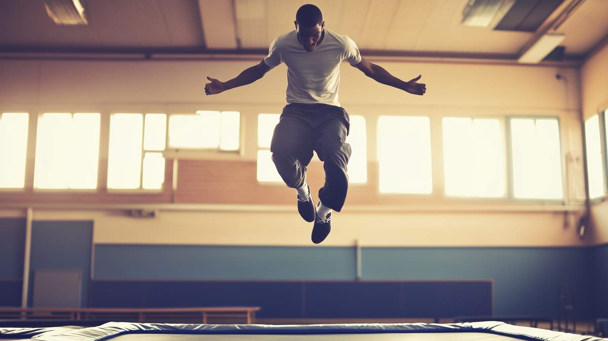 Un homme sautant sur un trampoline dans un gymnase